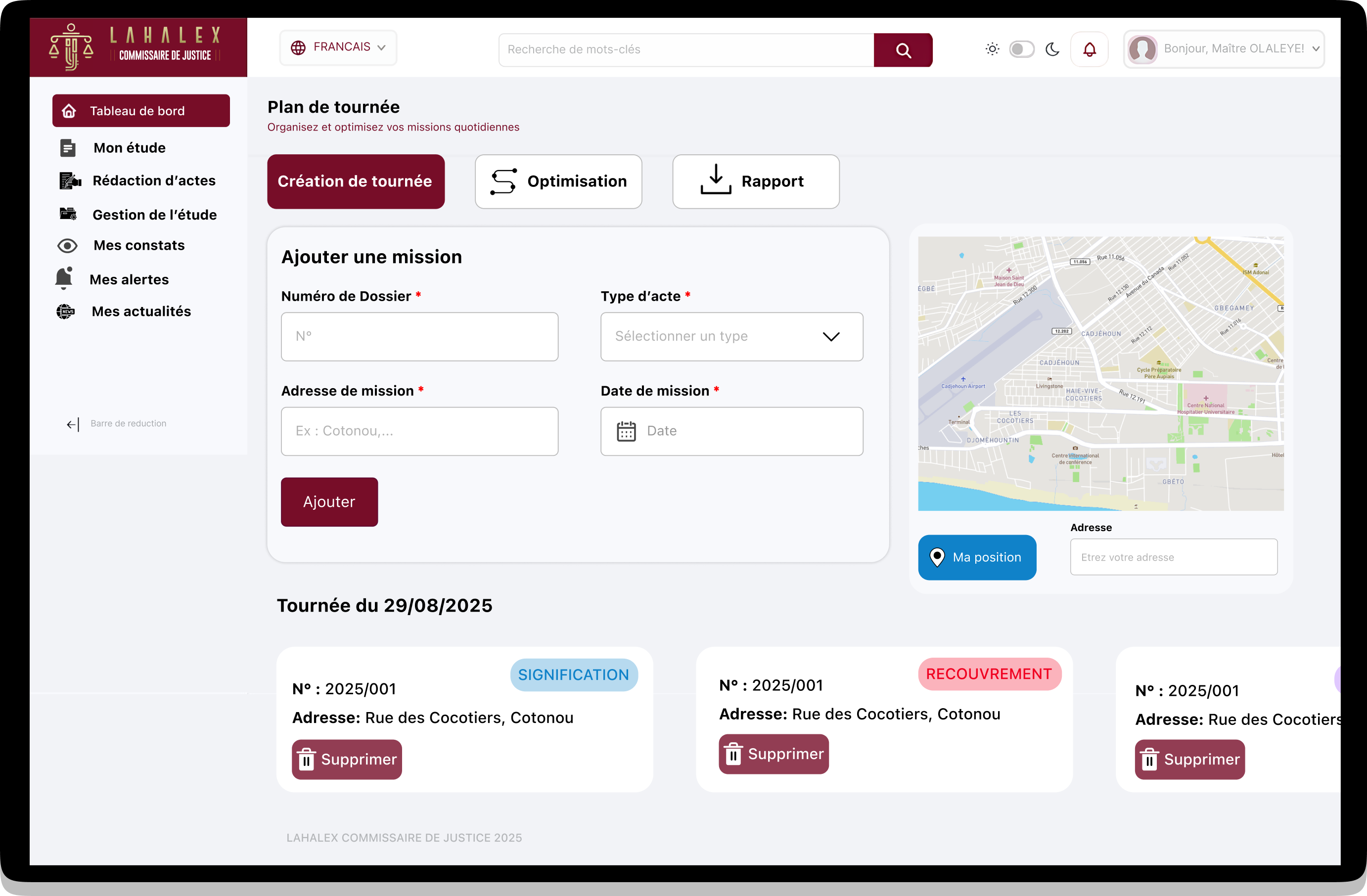 Lahalex Commissaire de Justice Interface